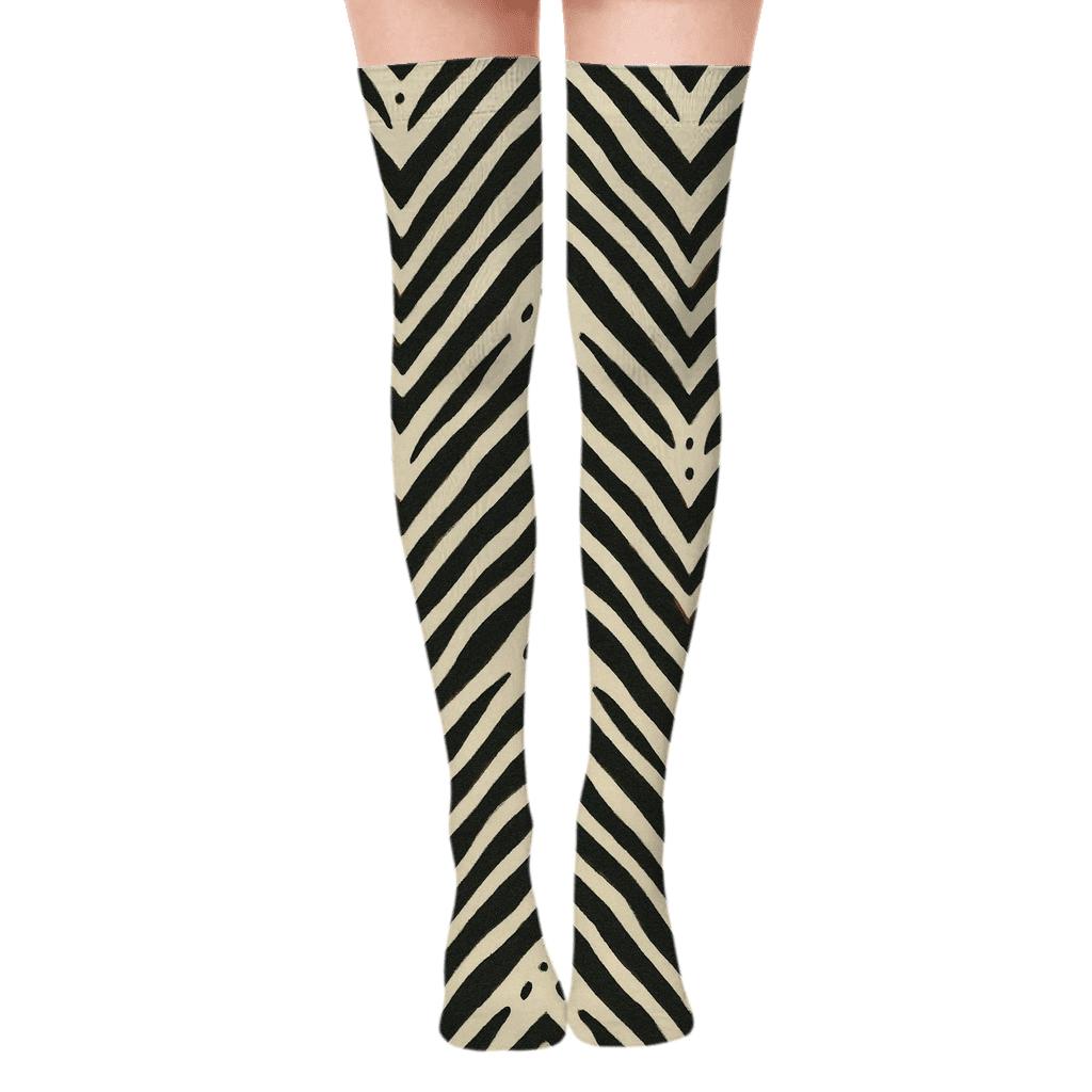 Crimson Inlay Zebra Chevron Fragments on Warm Cream Over-the-Knee Socks