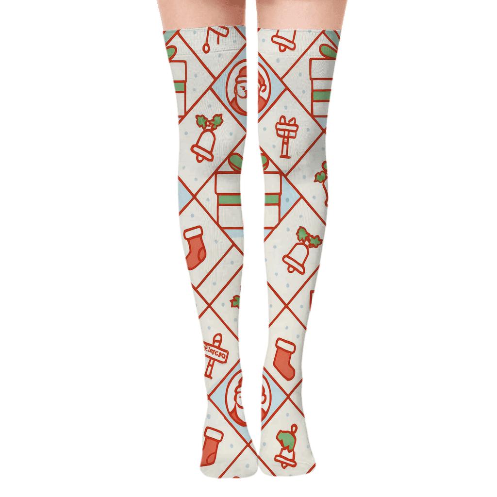 Gift Lattice Pattern with Santa Claus Icons Over-the-Knee Socks