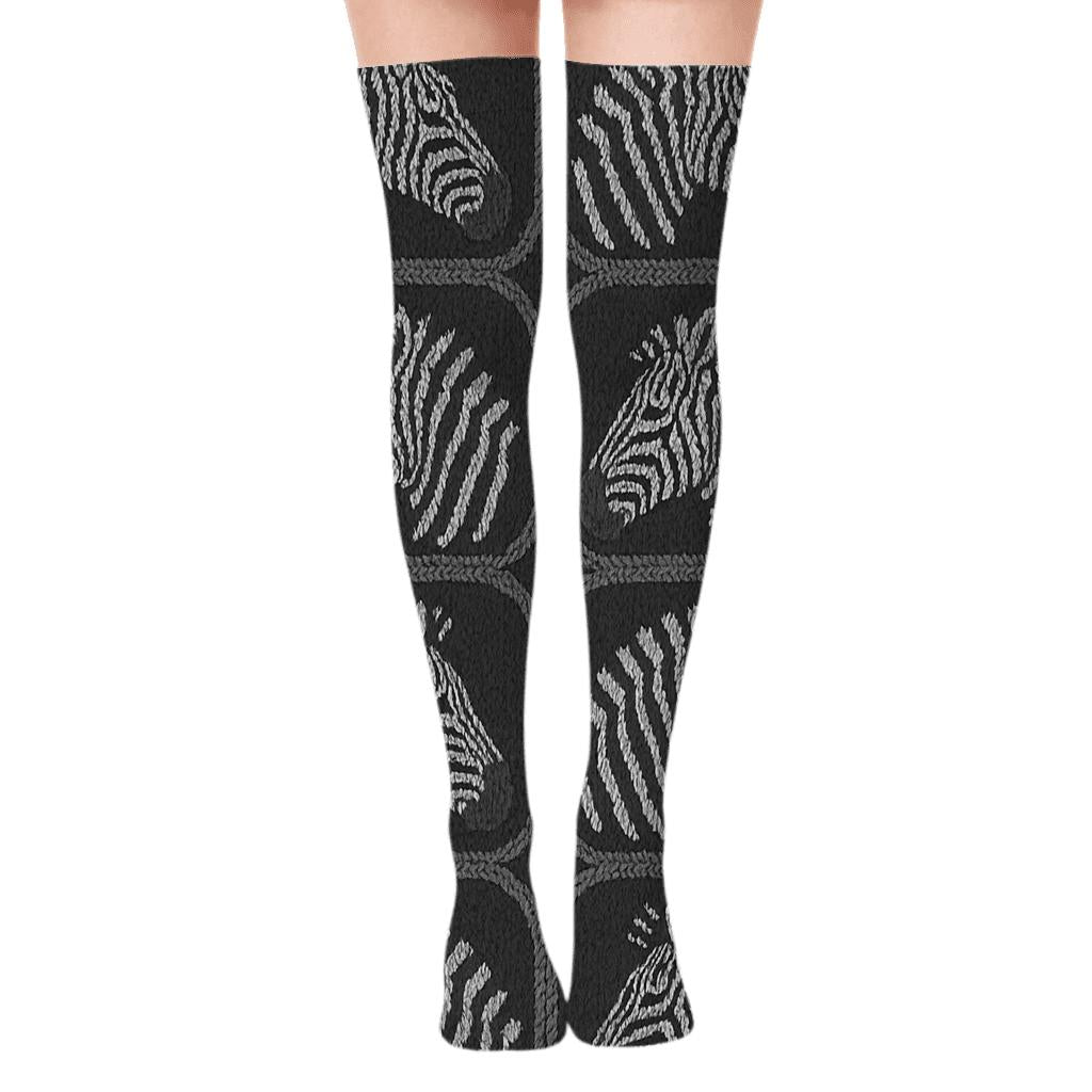 Soft Grayscale Knitted Zebra Stripe Lattice on Charcoal Over-the-Knee Socks