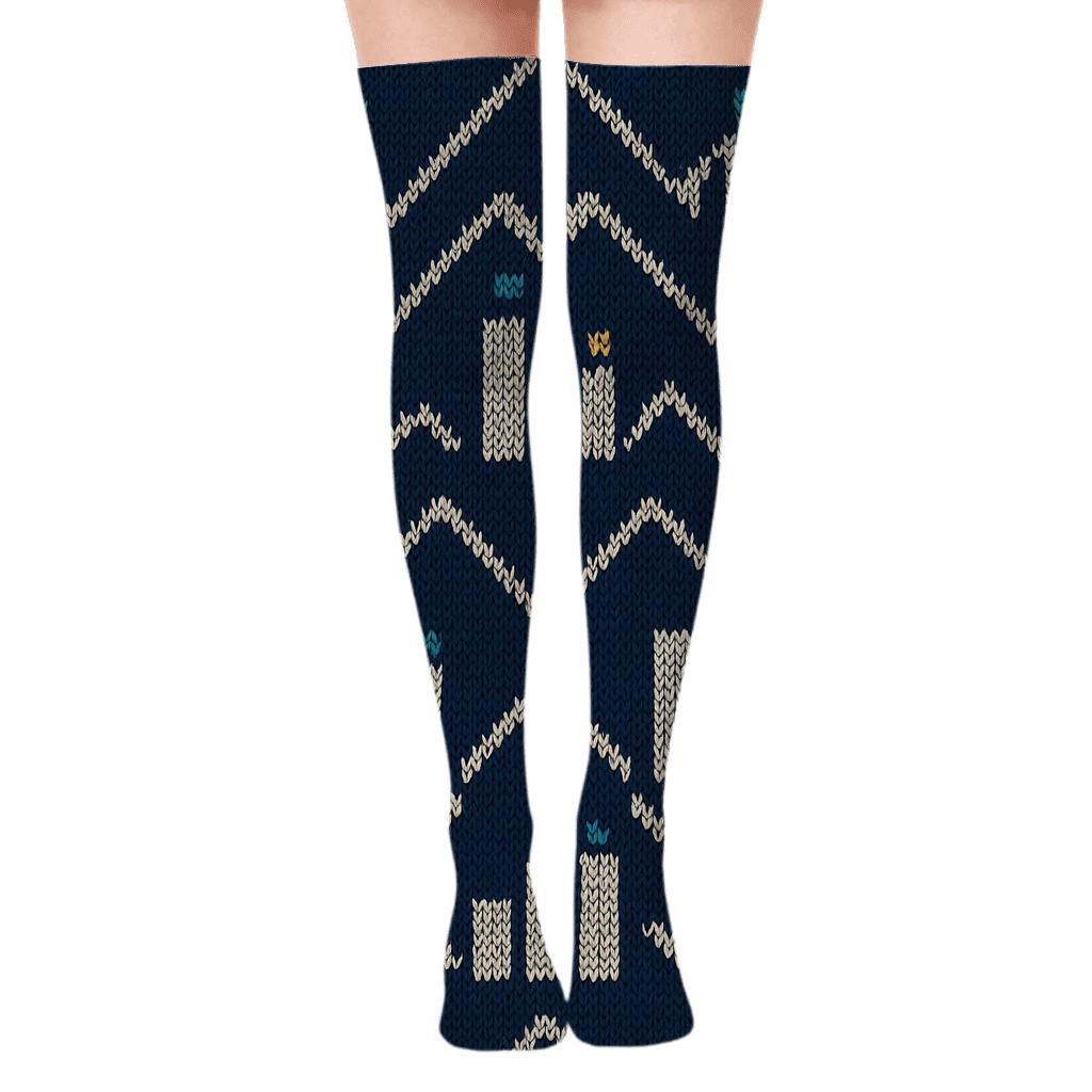 Navy Knit Data analyst Chart Lattice Over-the-Knee Socks