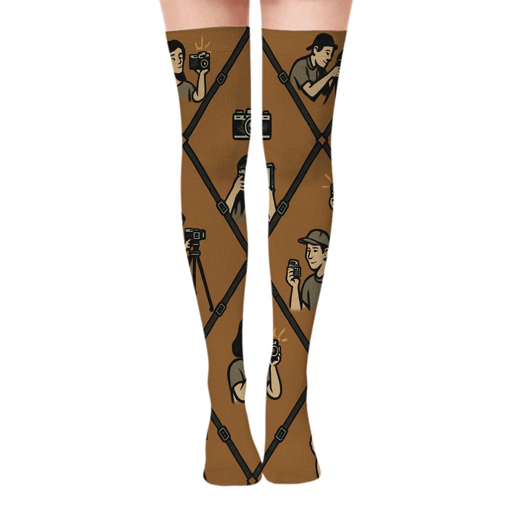 Camera Strap Lattice with Photographer Scenes Over-the-Knee Socks
