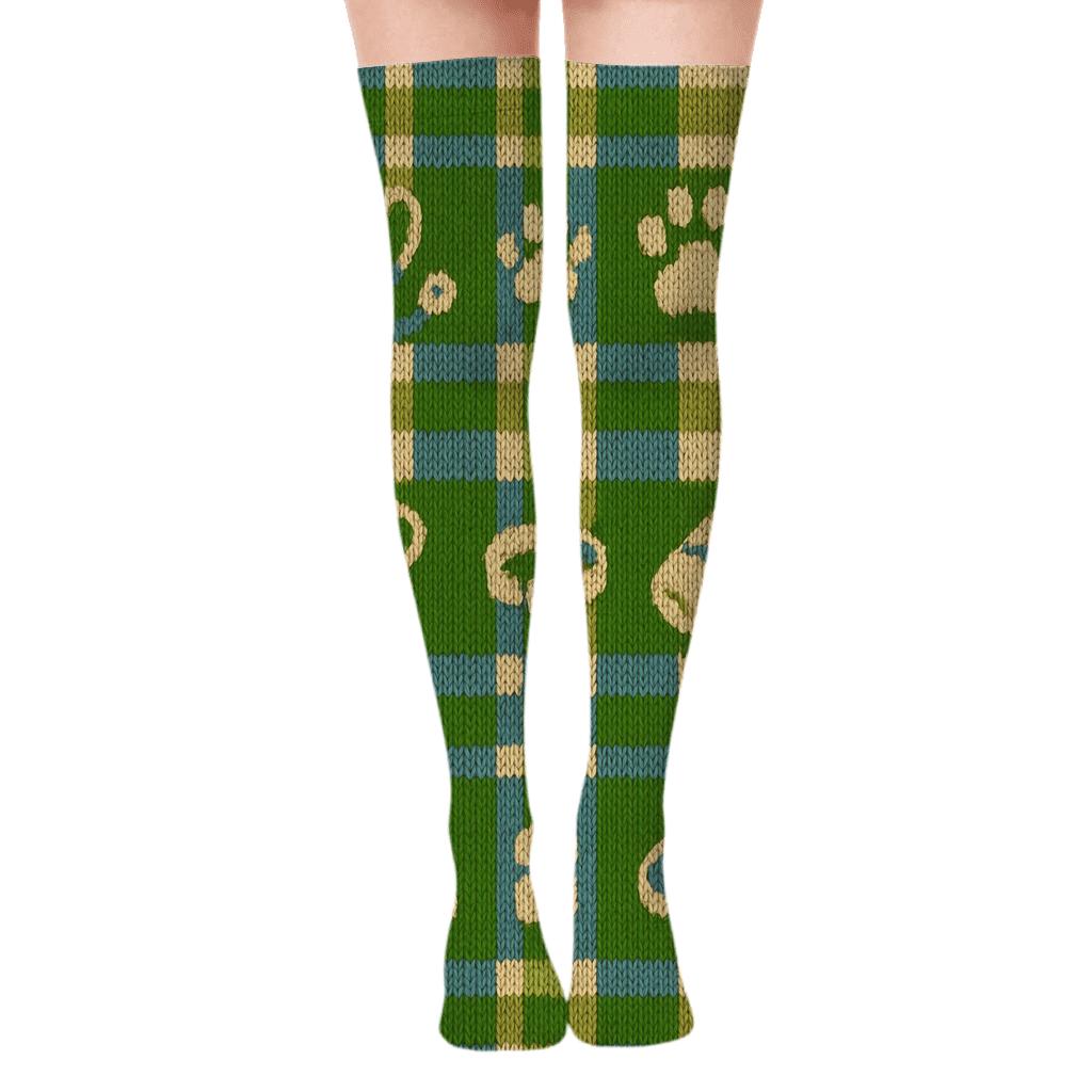 Knitted Veterinarian Care Icons Tartan Over-the-Knee Socks