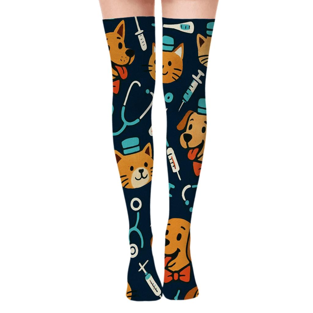 Pet Party Pattern with Veterinarian Tools Over-the-Knee Socks