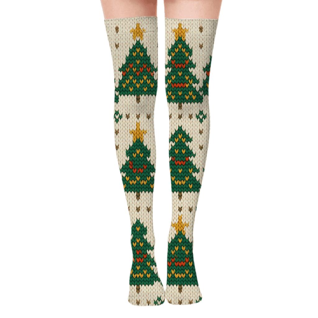 Knitted Illusion Christmas Tree Fair Isle Repeat Over-the-Knee Socks