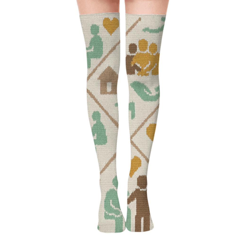 Helping Hands Pattern with Social worker Outreach Scenes Over-the-Knee Socks