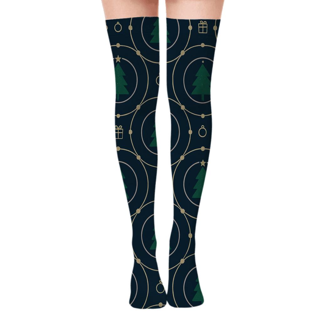 Ornament Medallion Grid with Christmas Tree Silhouettes Over-the-Knee Socks
