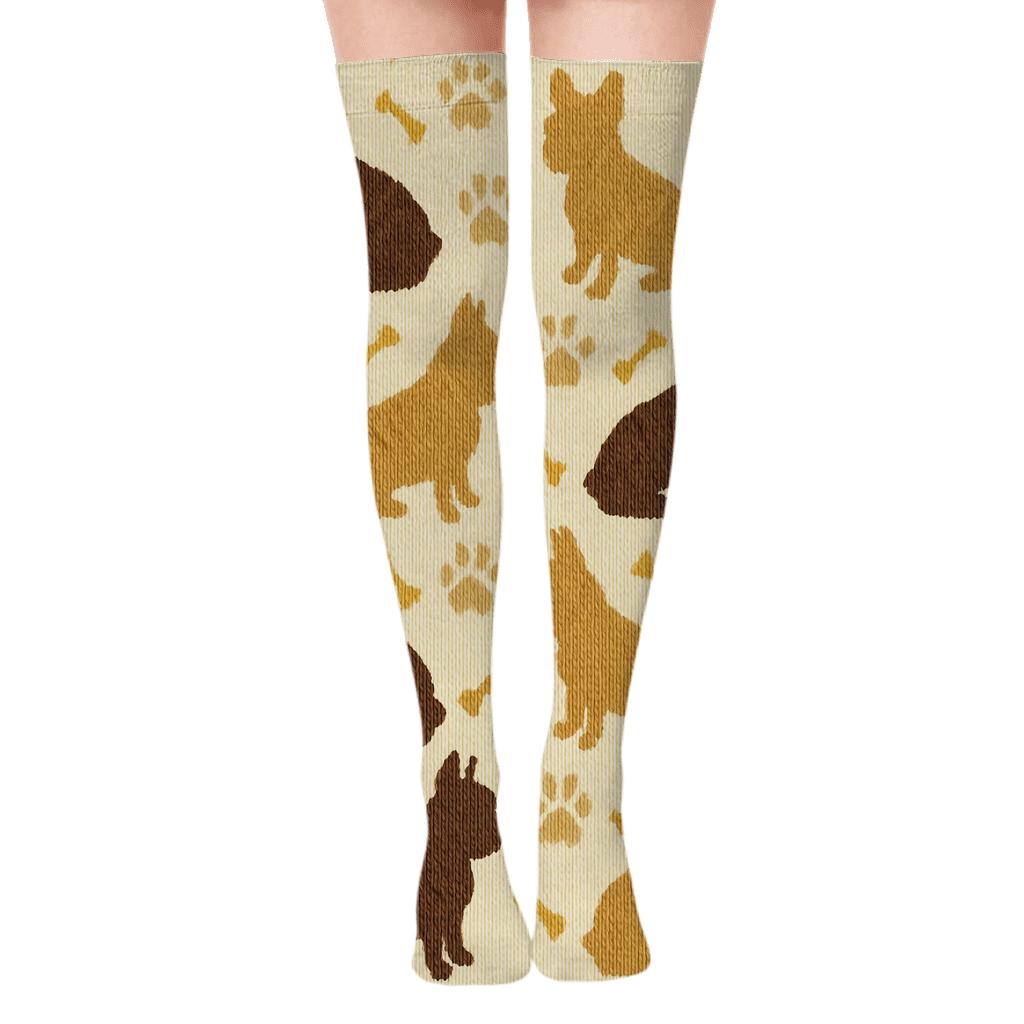 Knitted French Bulldog Cozy Cable Tessellation Over-the-Knee Socks