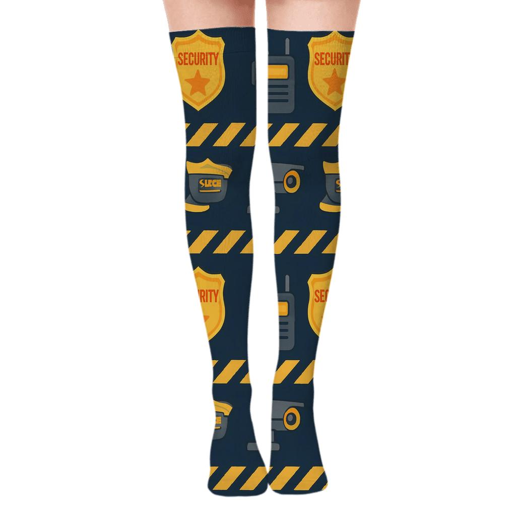 Caution Tape Bands with Security guard Night Watch Icons Over-the-Knee Socks
