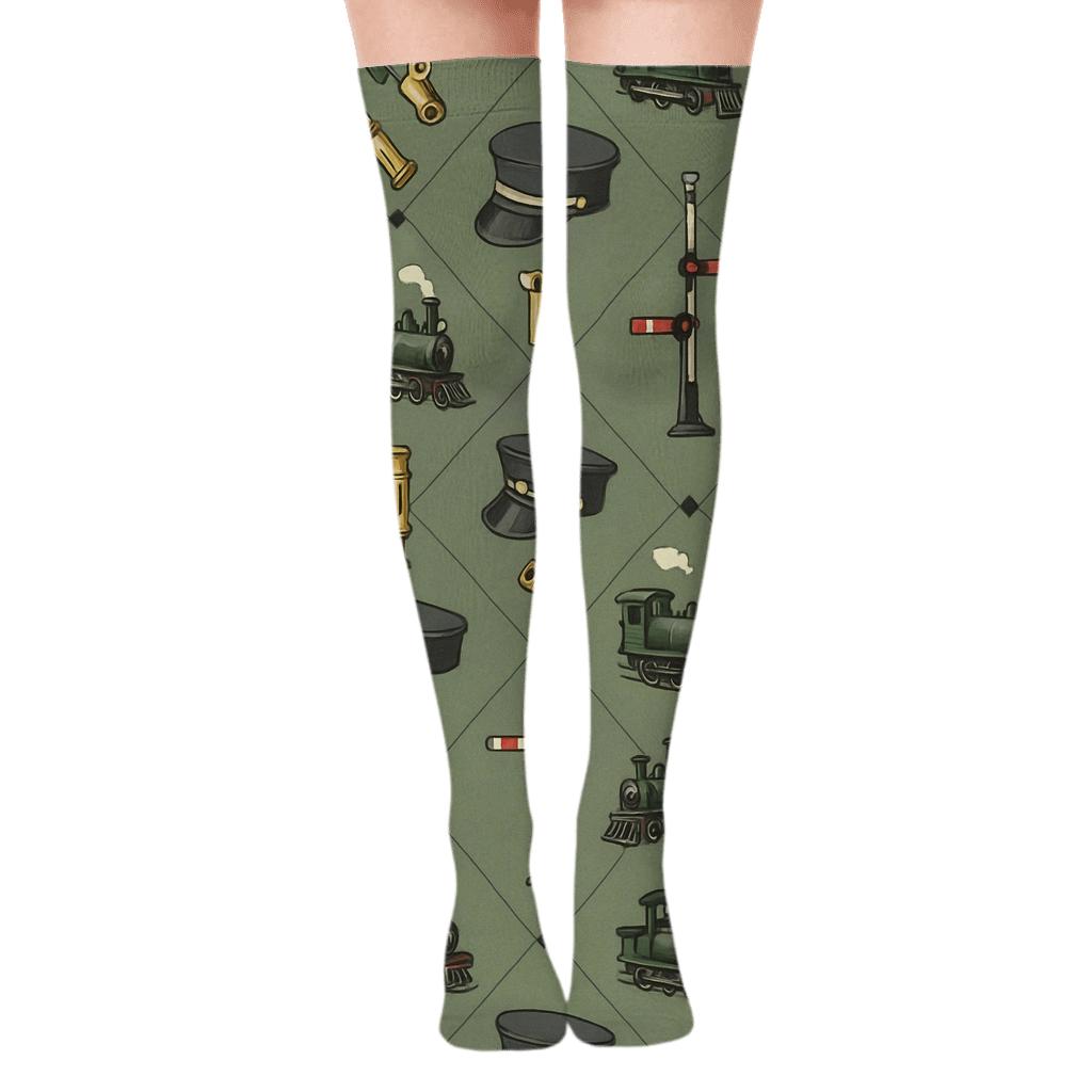 Vintage Rail Lattice with Train conductor Icons Over-the-Knee Socks