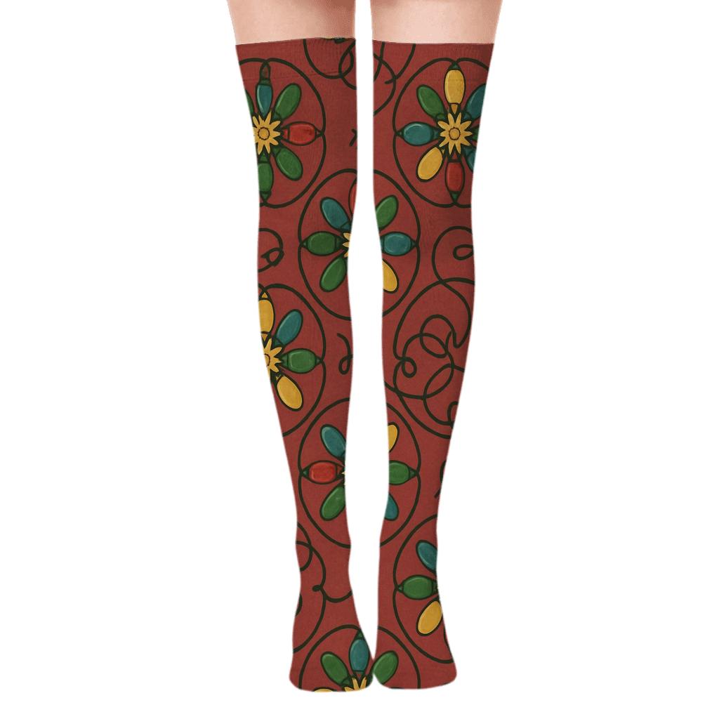 Vintage Multicolor Bulb Medallions on Cranberry Over-the-Knee Socks