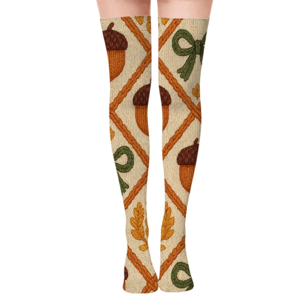 Knitted Acorn and Scarf Cable Lattice on Creamy Beige Background Over-the-Knee Socks