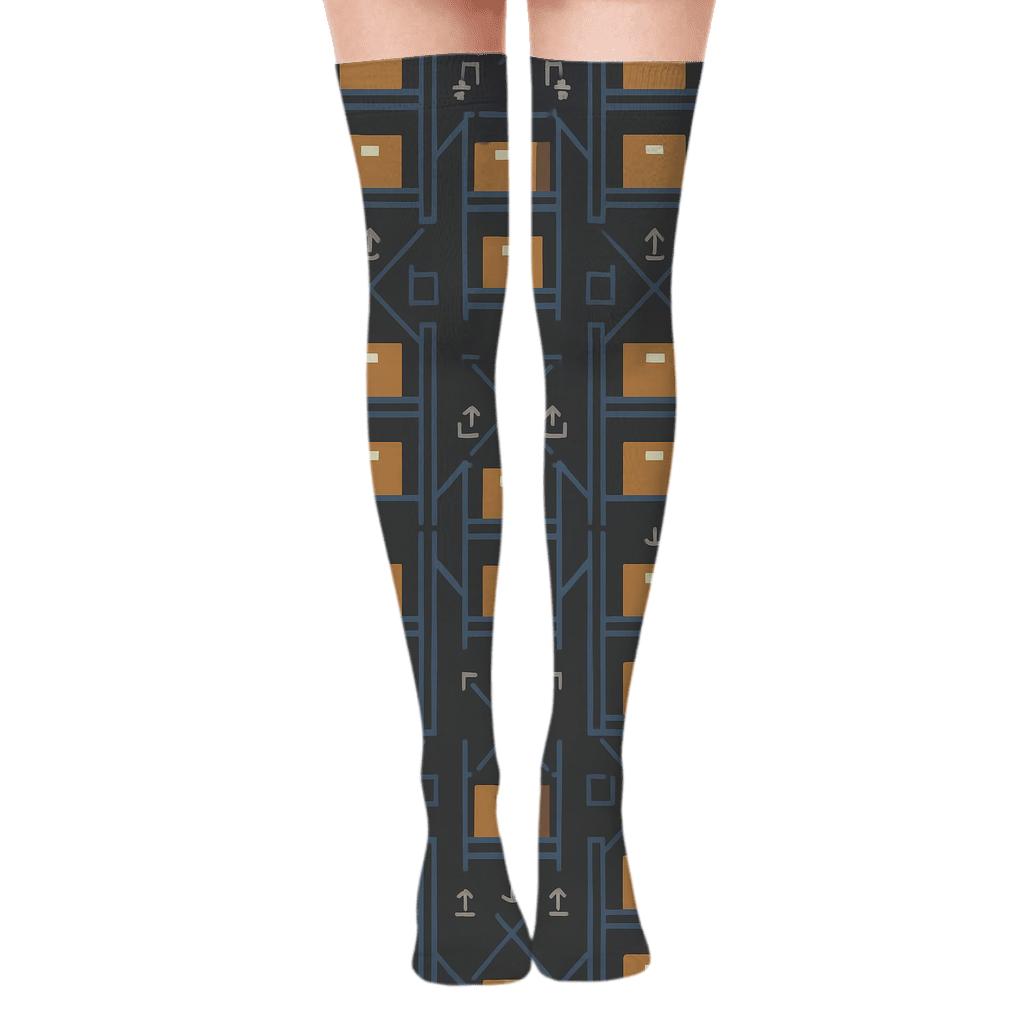 Warehouse worker Shelf Lattice Blueprint Print Over-the-Knee Socks