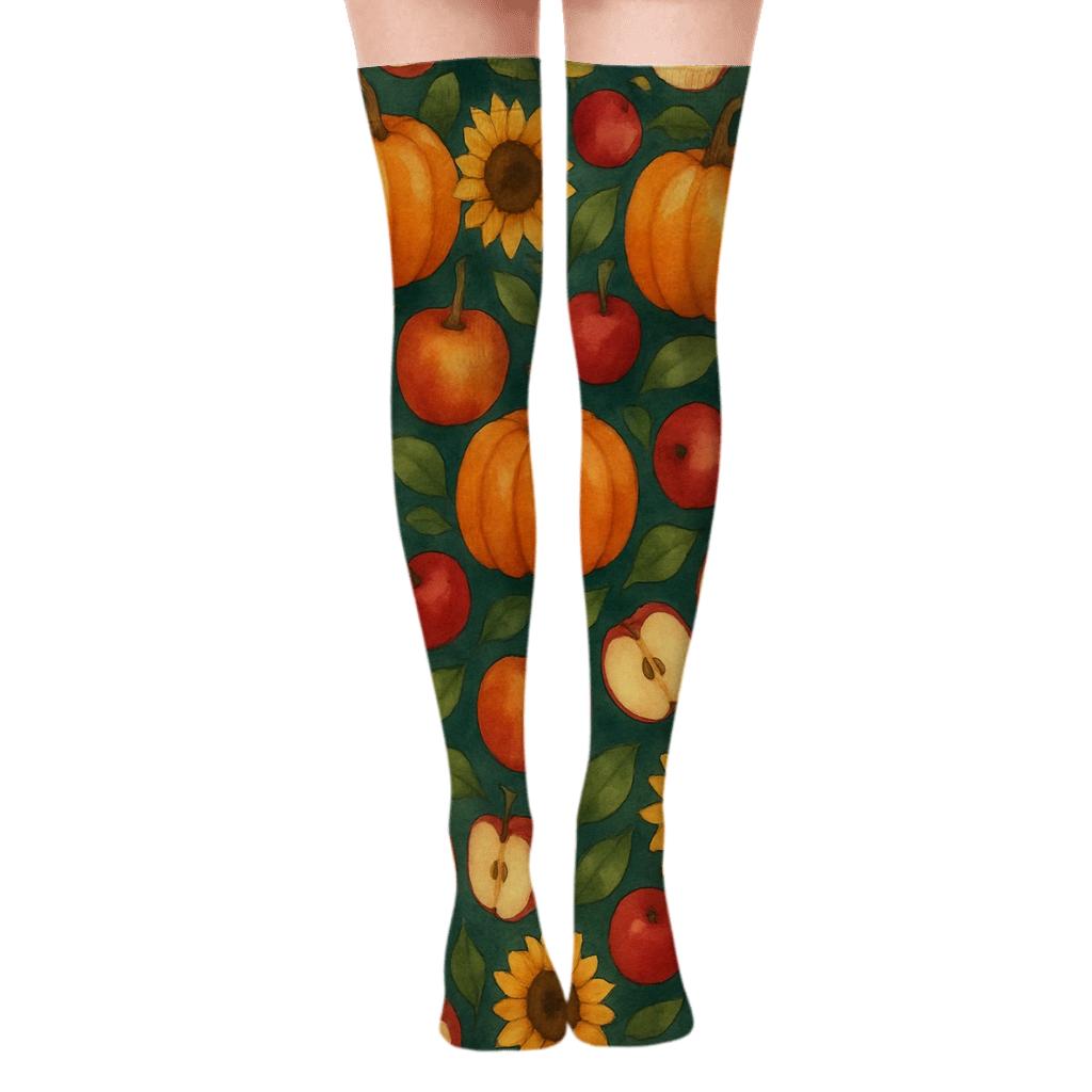 Watercolor Pumpkin Patch Mirror Repeat on Deep Teal Background Over-the-Knee Socks