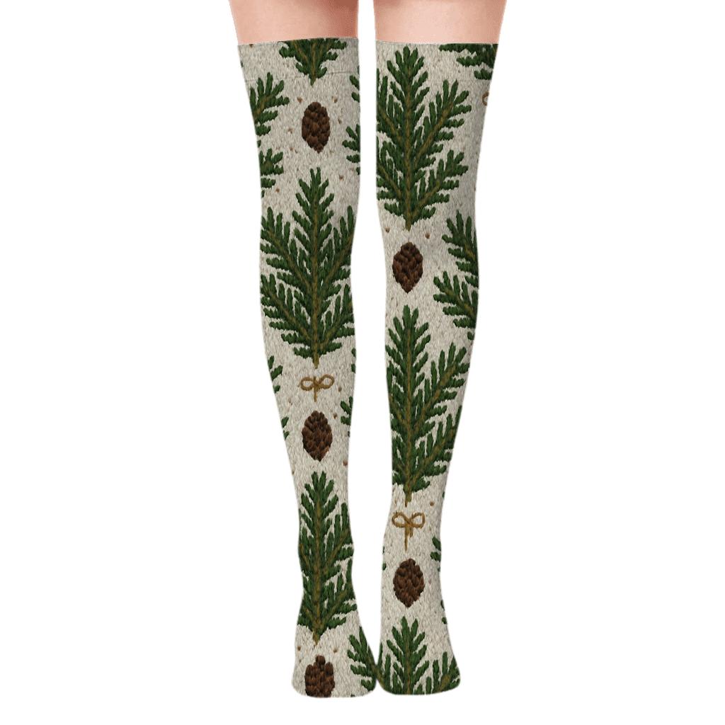 Nordic Chevron Study with Evergreen branches Over-the-Knee Socks