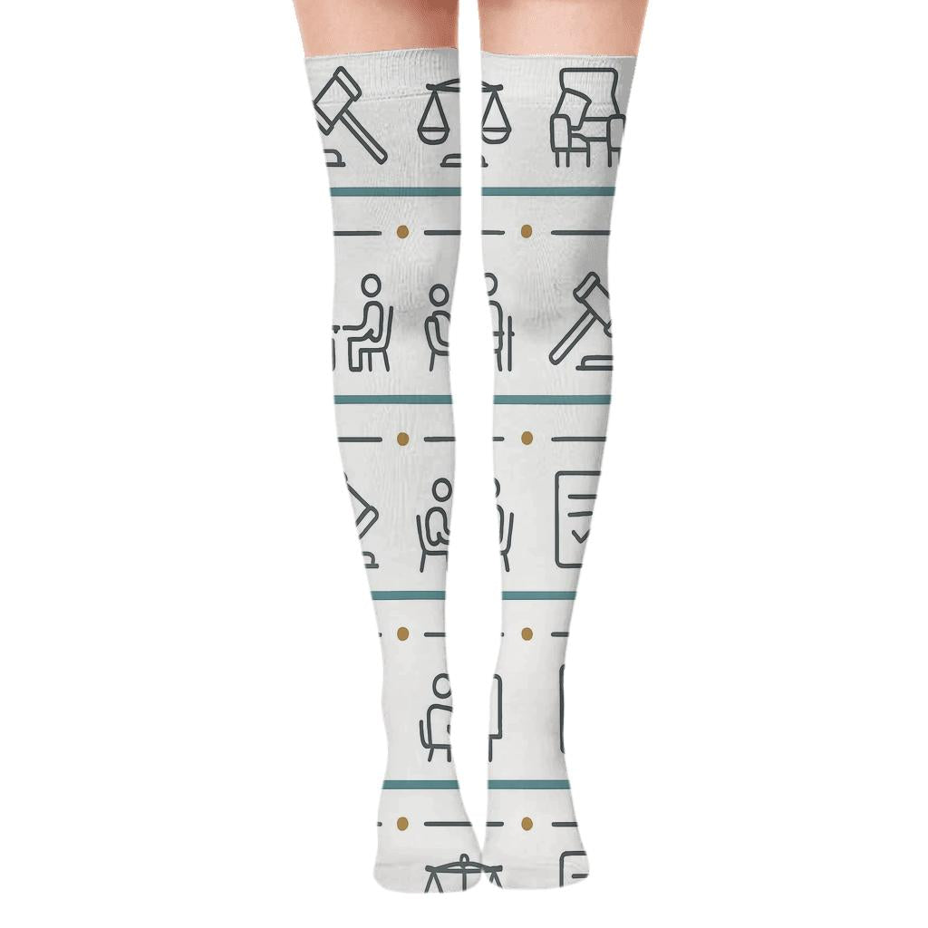 Courtroom Stripe Pattern with Probation officer Icons Over-the-Knee Socks