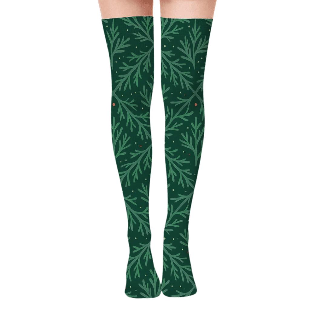 Evergreen branches Lattice on Deep Forest Green Over-the-Knee Socks
