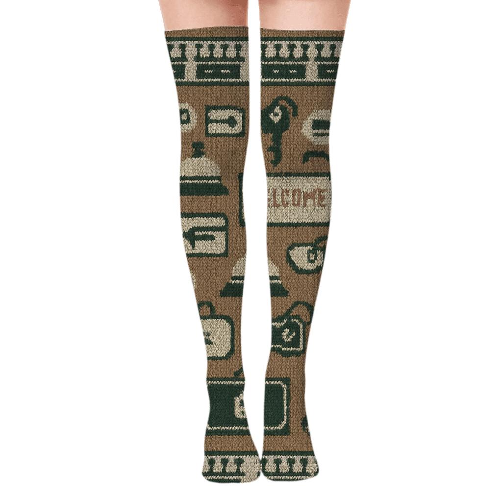Hotel receptionist Knit Illusion Key and Bell Tapestry Over-the-Knee Socks