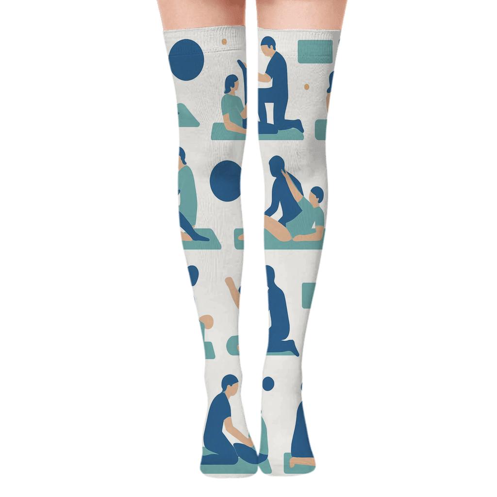 Therapy Ball Grid with Physical therapist Silhouettes Over-the-Knee Socks