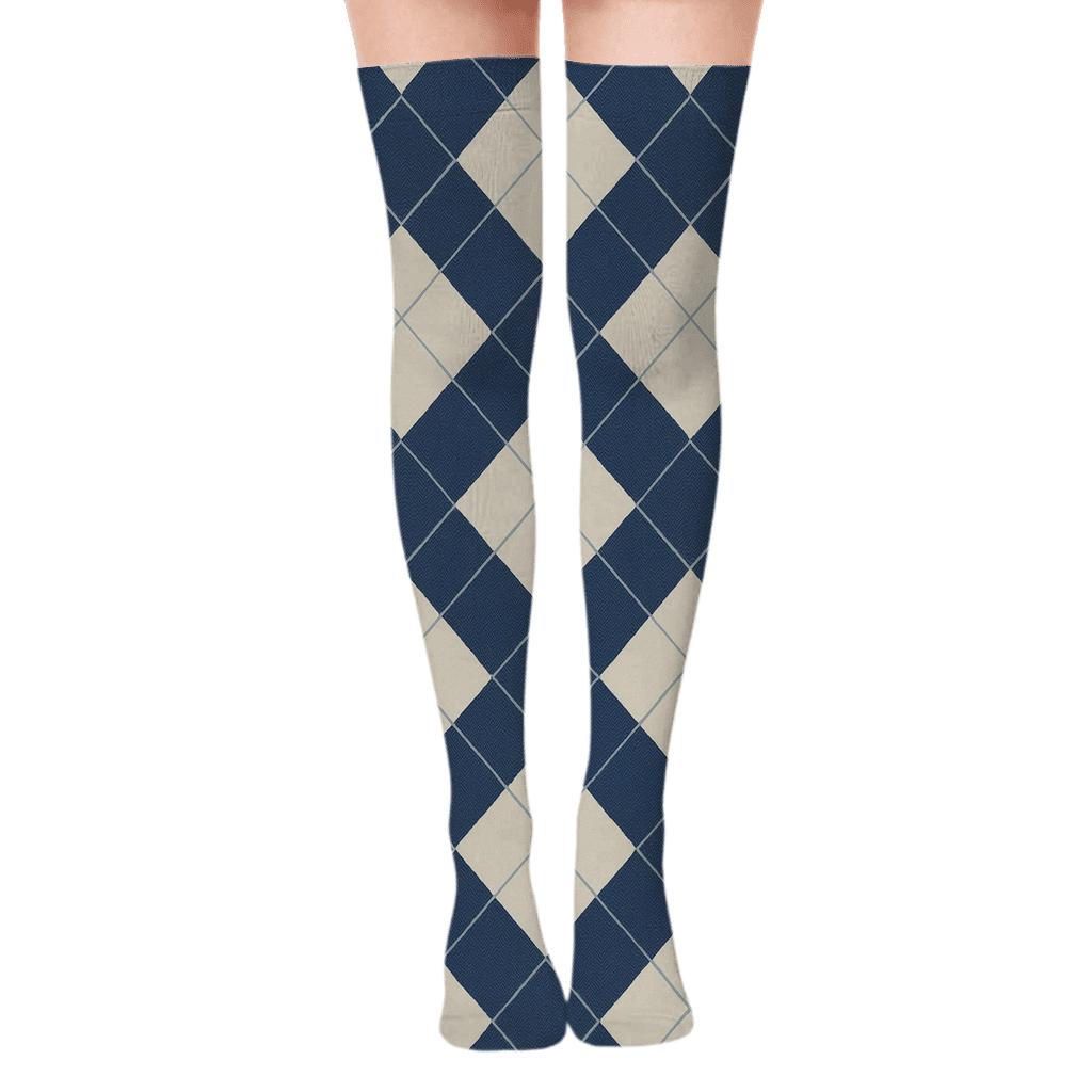 Navy and Ivory Diagonal Diamond Check with Micro Herringbone Tiles Over-the-Knee Socks