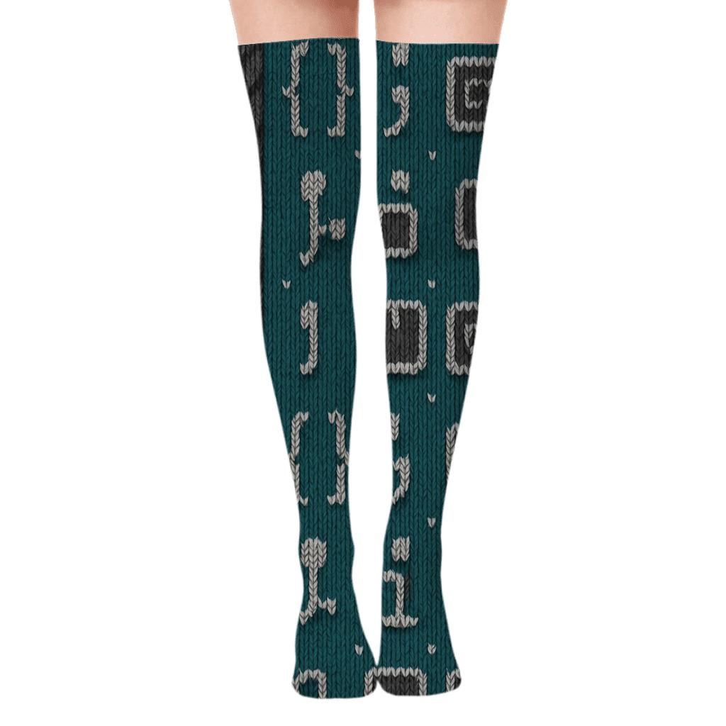 Knitted Cable Knit Pattern with Software developer Icons Over-the-Knee Socks