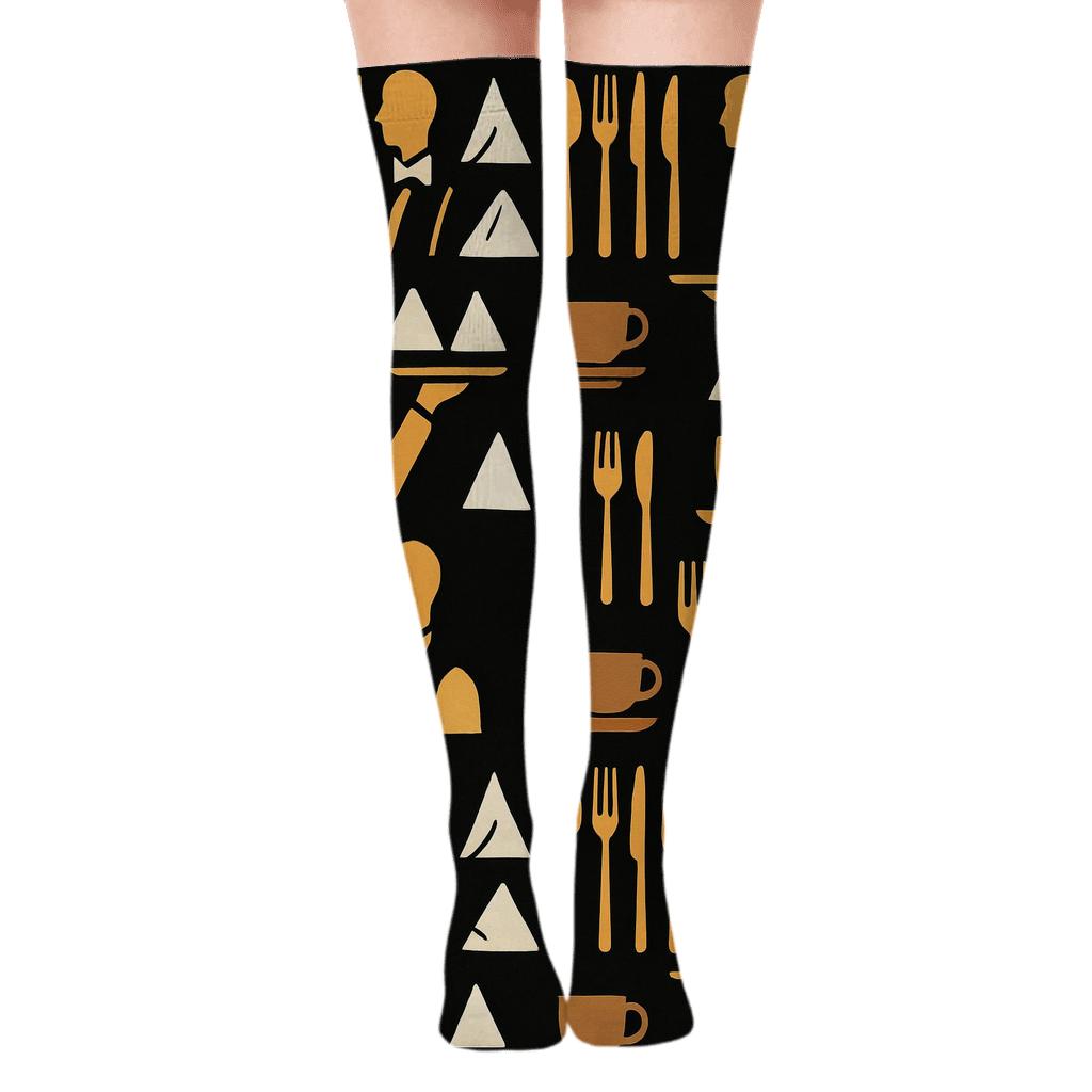 Menu Grid with Waiter Silhouette Accents Over-the-Knee Socks