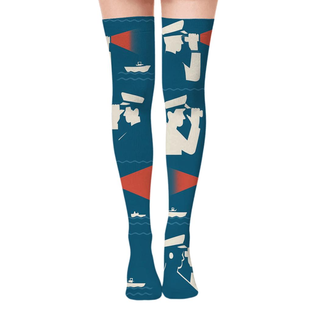 Searchlight Grid with Coast guard officer Silhouettes Over-the-Knee Socks