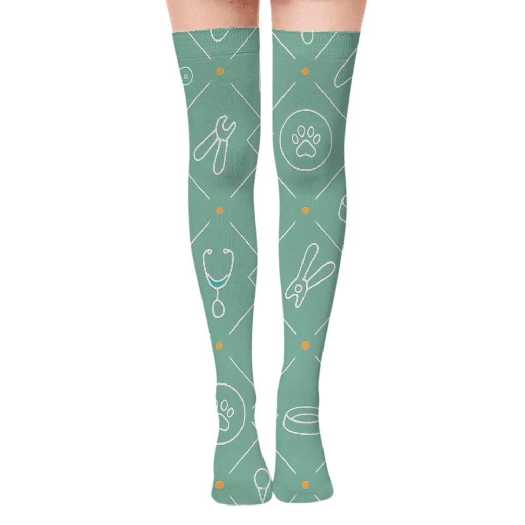 Mirrored Veterinary technician Tool Lattice on Soft Green Over-the-Knee Socks
