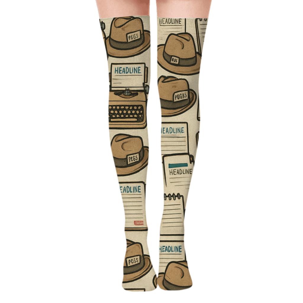 Vintage Newsprint Poster Look Journalist Lattice Over-the-Knee Socks