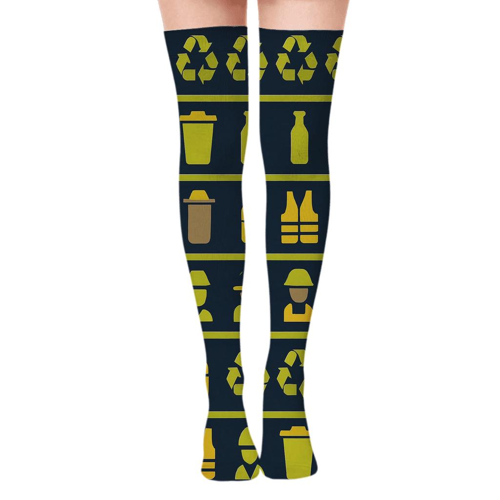 Industrial Band Pattern with Recycling plant worker Icons Over-the-Knee Socks
