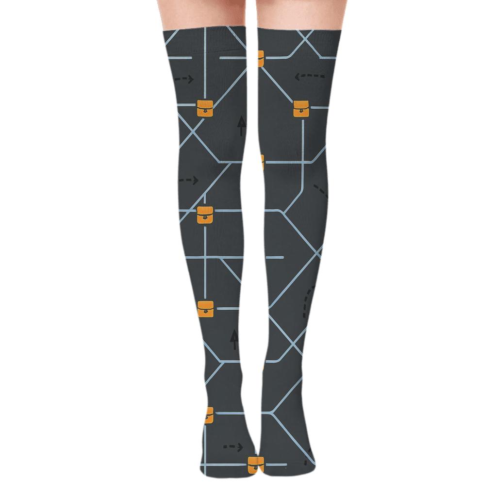 City Map Lattice with Courier Icons Over-the-Knee Socks