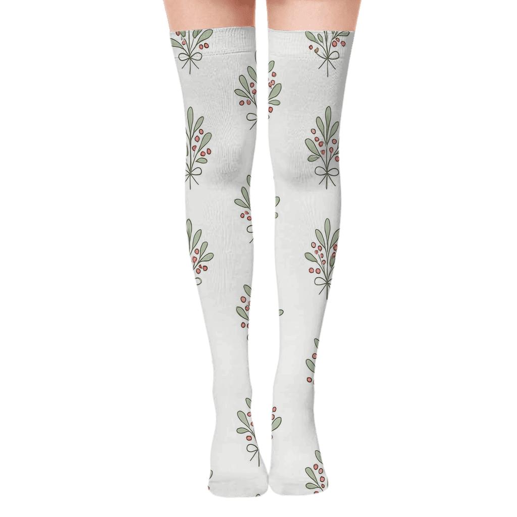 Mistletoe Line Bouquet Grid on Snow White Background Over-the-Knee Socks