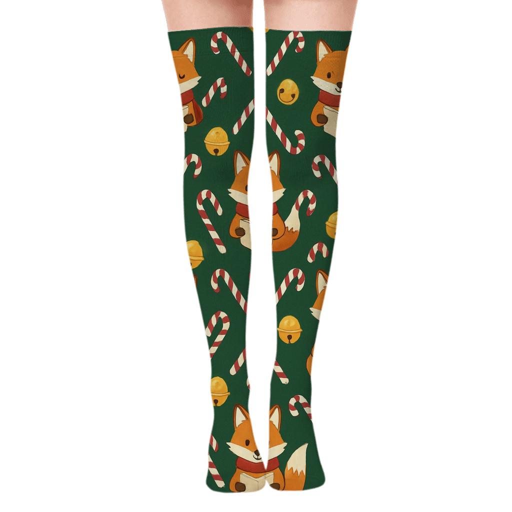 Cranberry Fox Carolers Chevron on Pine Green Background Over-the-Knee Socks