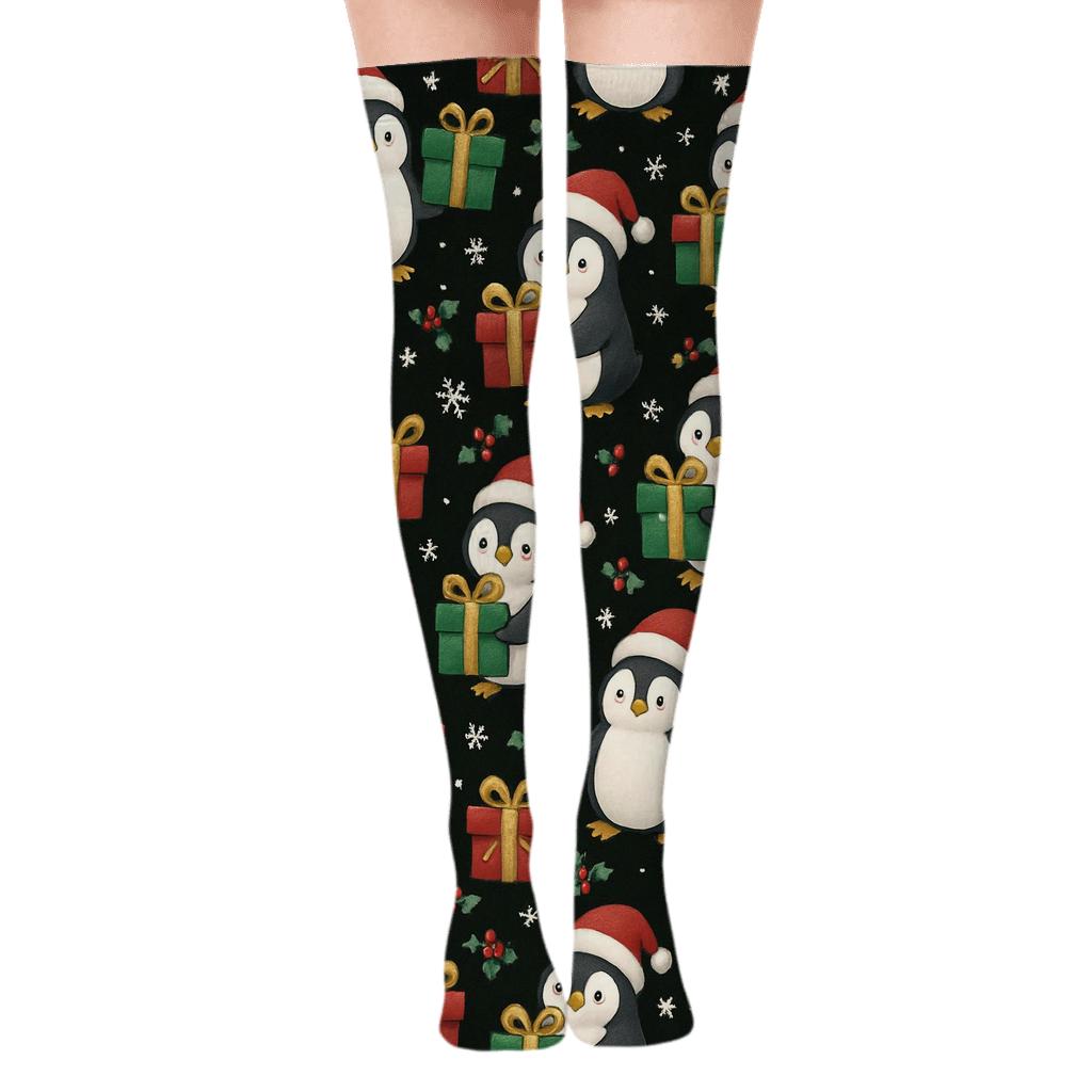 Midnight Penguin Gift Stack Grid on Black Background Over-the-Knee Socks
