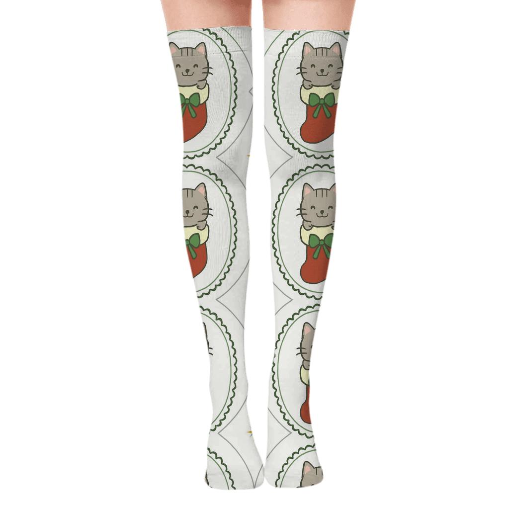 Ivory Cat Stocking Medallions on White Background Over-the-Knee Socks