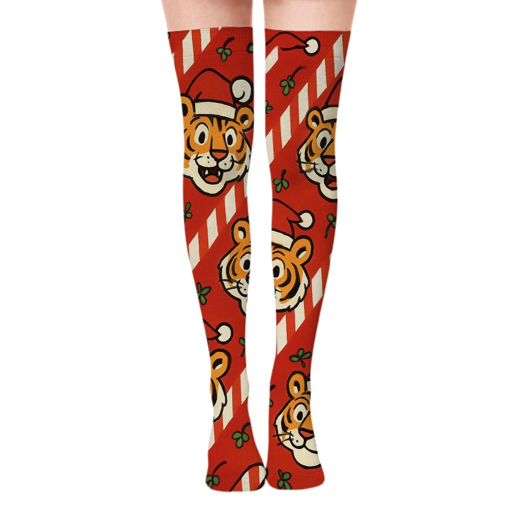 Candy Cane Tiger Stripes Diagonal Array on Red Background Over-the-Knee Socks
