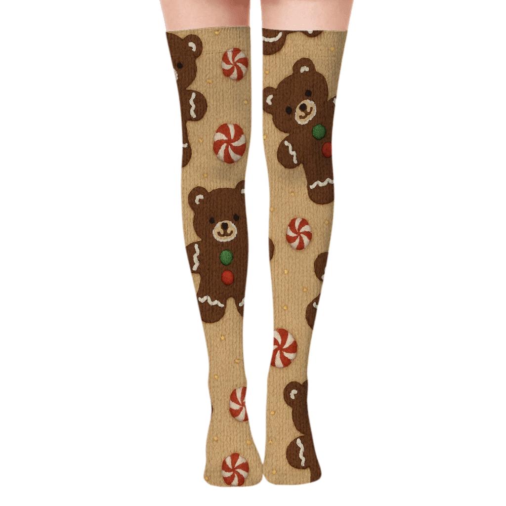 Gingerbread Bear Knit Texture Scatter on Warm Beige Background Over-the-Knee Socks