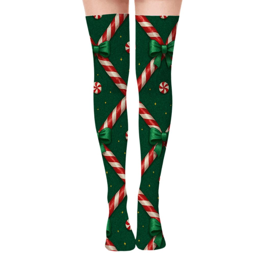 Candy Cane Lattice with Holiday Glow Over-the-Knee Socks