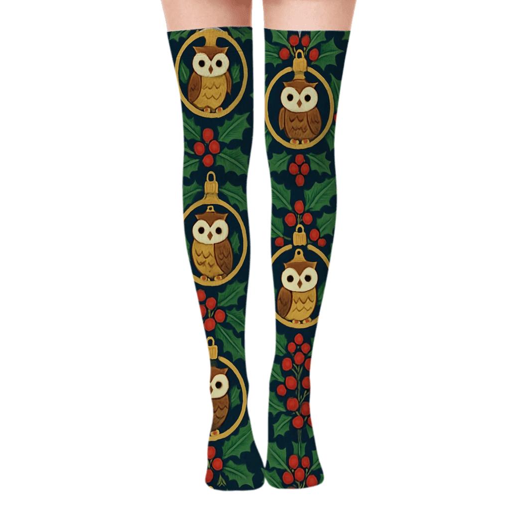 Holly Owl Ornament Tessellation on Navy Blue Background Over-the-Knee Socks