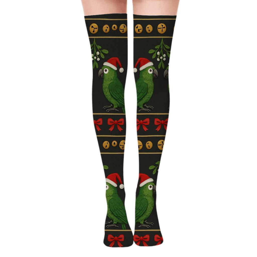 Parrot Mistletoe Mirror Pair Bands on Charcoal Background Over-the-Knee Socks