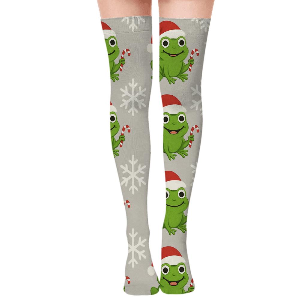 Frog Santa Hat Snowflake Polka Grid on Light Gray Background Over-the-Knee Socks