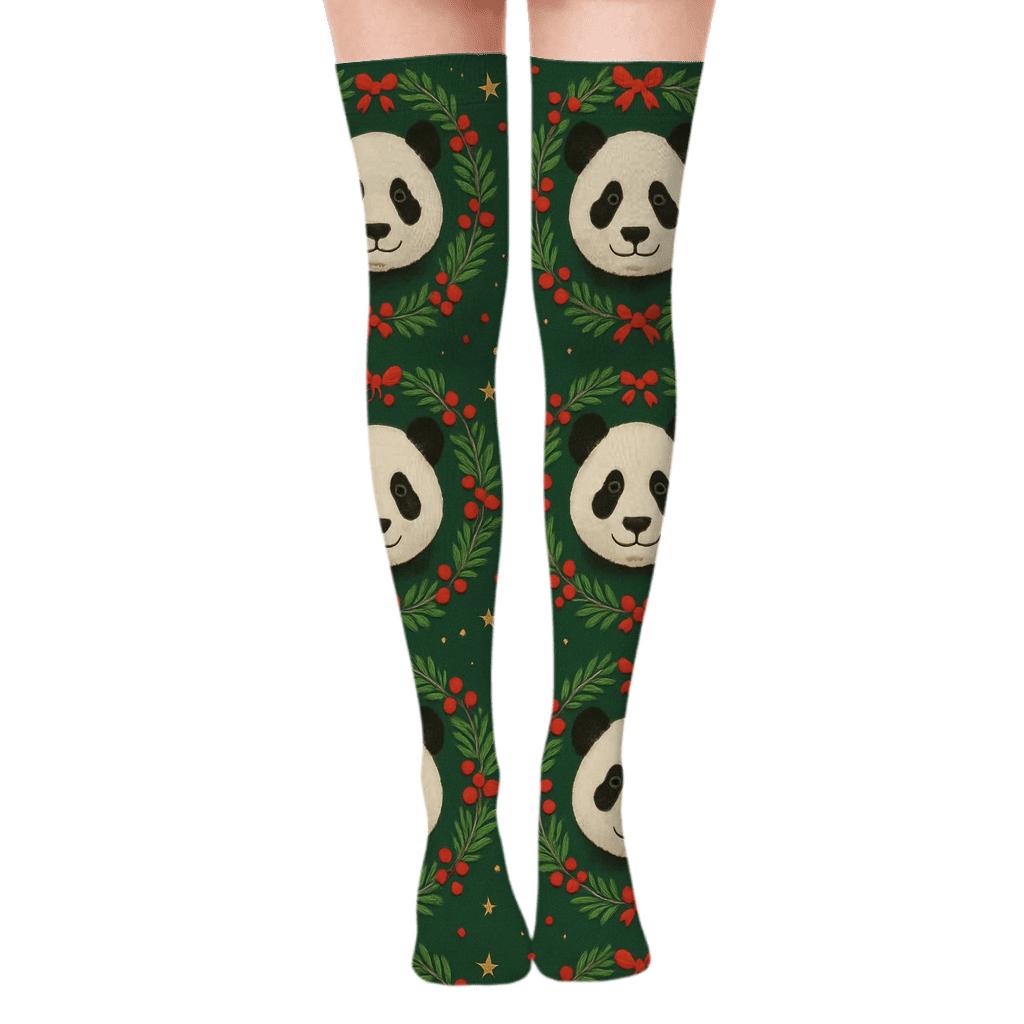 Panda Wreath Close Up Portrait Tiles on Forest Green Background Over-the-Knee Socks