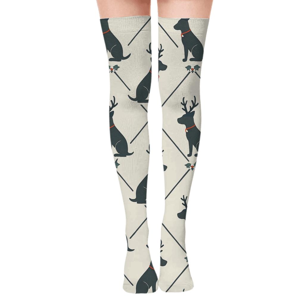 Minimal Reindeer Dog Silhouette Lattice on Ivory Background Over-the-Knee Socks