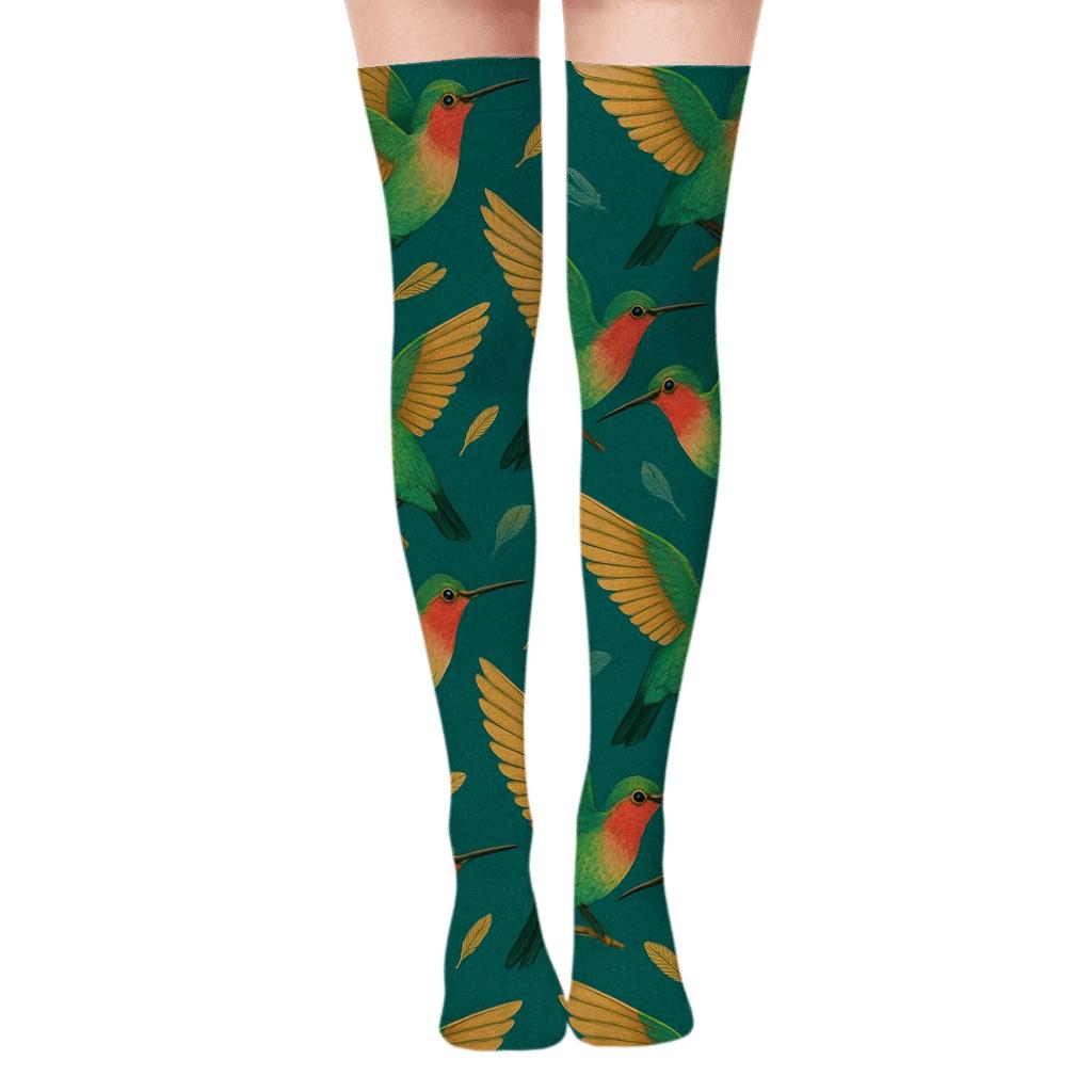 Hummingbird Wingbeat Diamond Tiles on Teal Background Over-the-Knee Socks