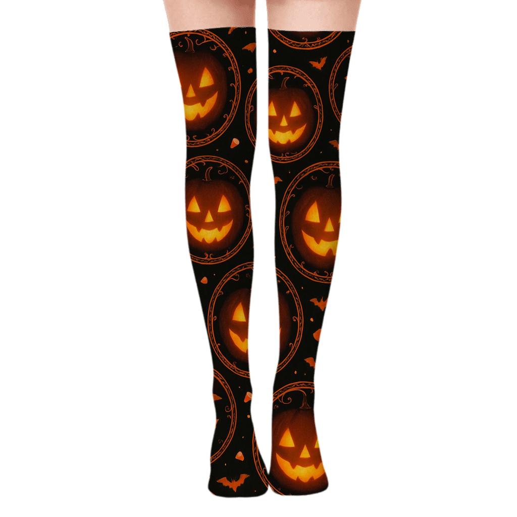 Glowing Jack o Lantern Medallion Tiles on Black Background Over-the-Knee Socks