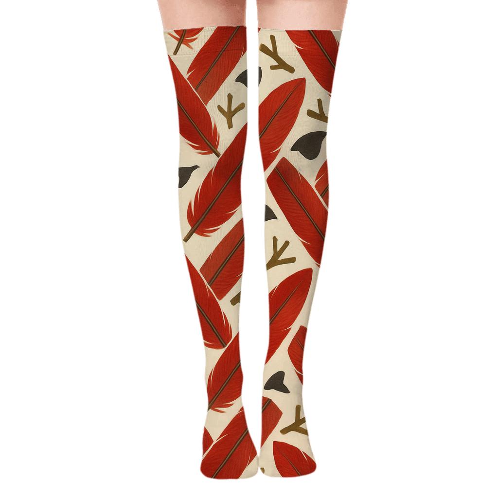 Cardinal Feather Lattice on Ivory Background Over-the-Knee Socks