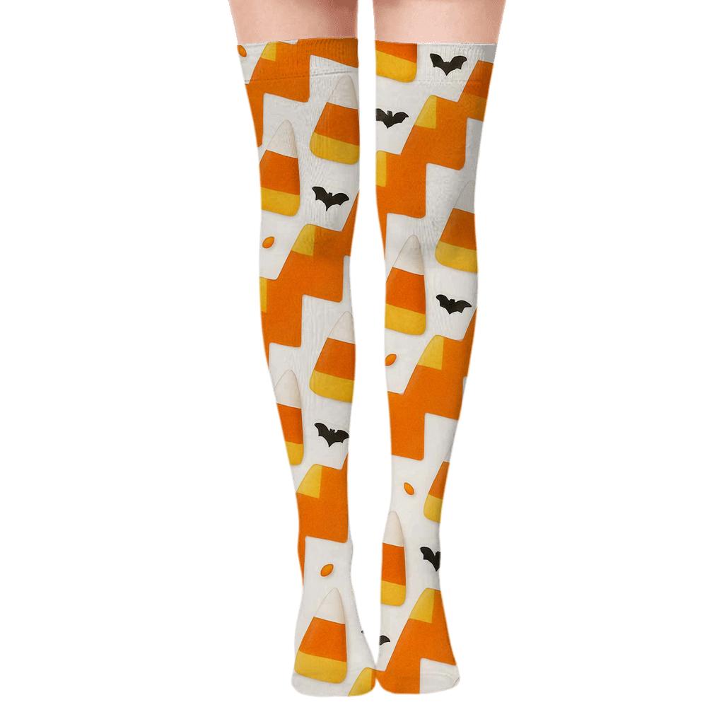 Orange Candy Corn Stair Step Tessellation on White Background Over-the-Knee Socks