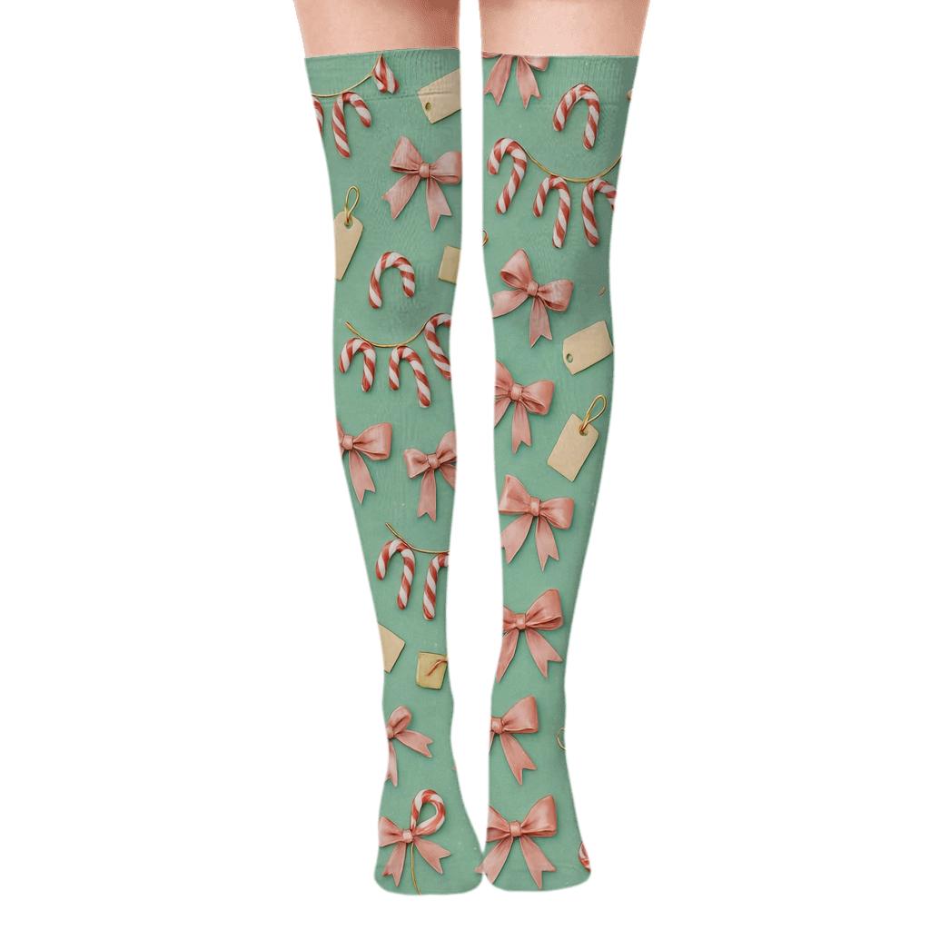 Mint Green Collage of Candy canes and Gift Tags Over-the-Knee Socks