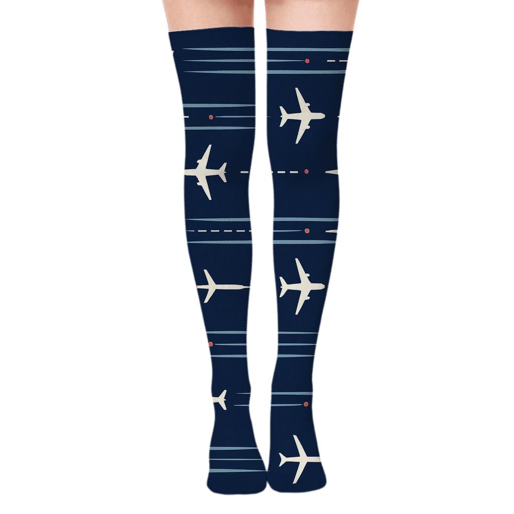 Jet Stream Bands with Airplane Silhouettes Over-the-Knee Socks