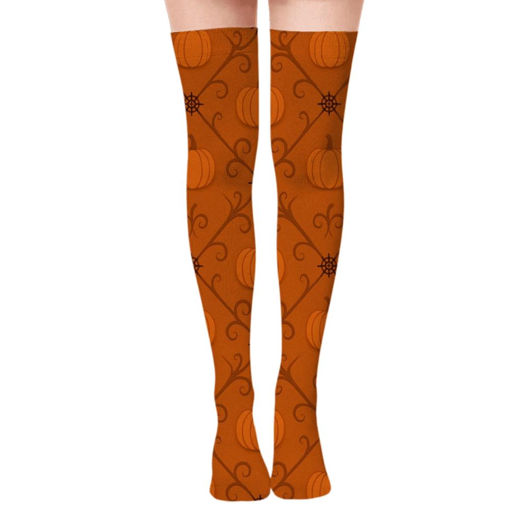 Pumpkin Vine Lattice and Web Knots on Orange Background Over-the-Knee Socks
