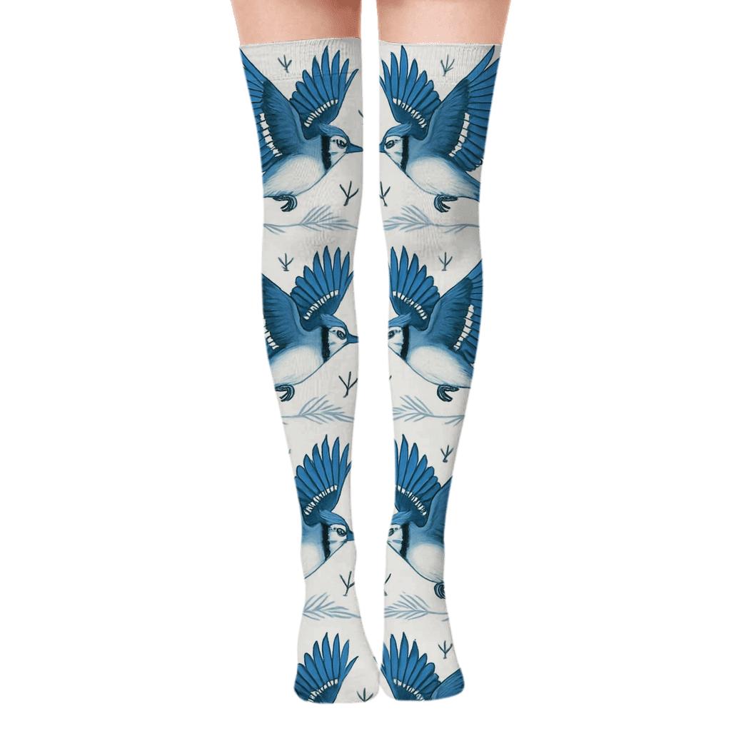 Blue Jay Flight Mirror Stripe on White Background Over-the-Knee Socks